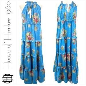 House of Harlow Anthropologie Helena Blue Floral Tiered Halter Maxi Dress NEW